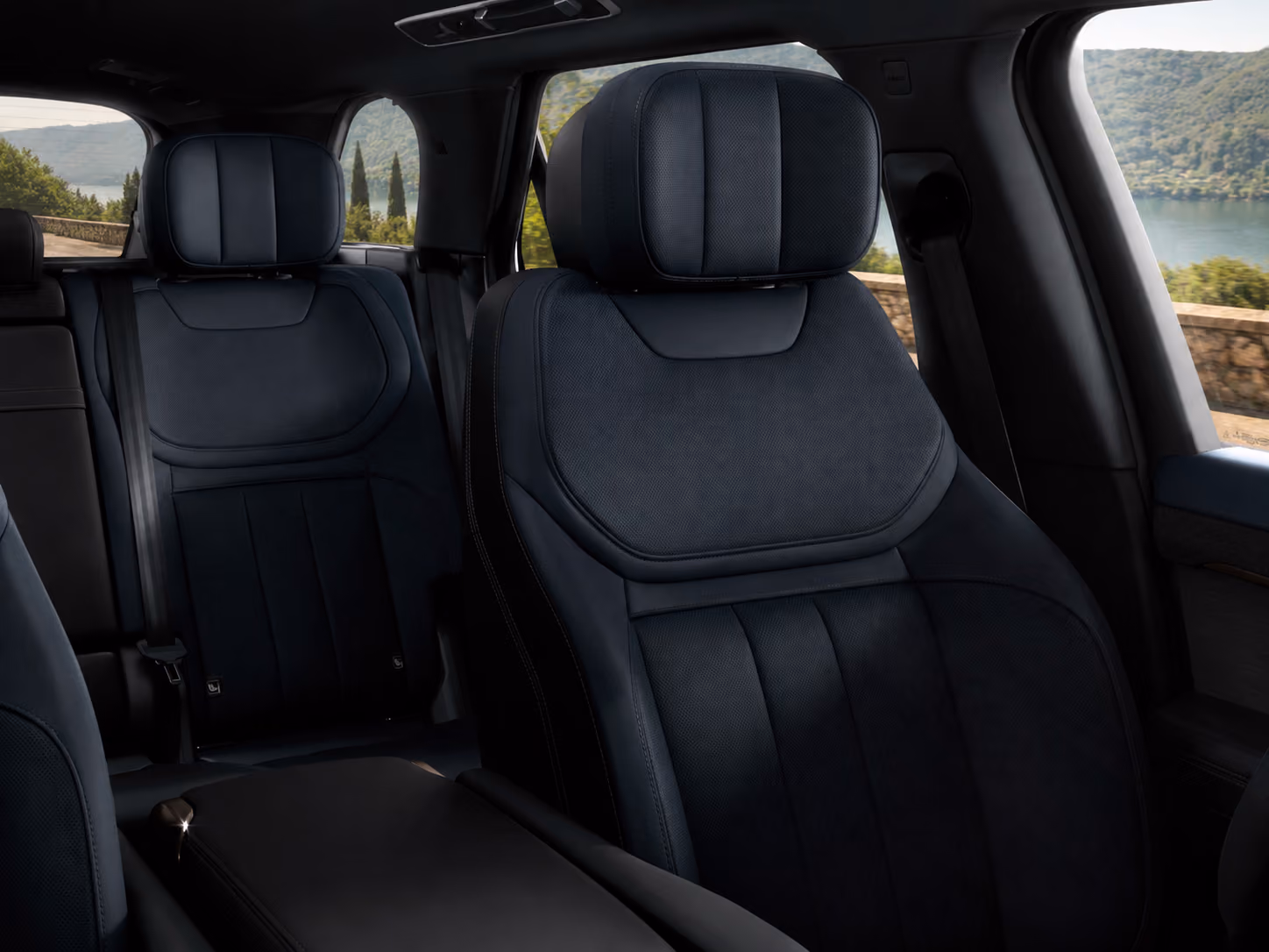 Black leather seat detail inside the Range Rover Performance SUV for premium self-drive comfort