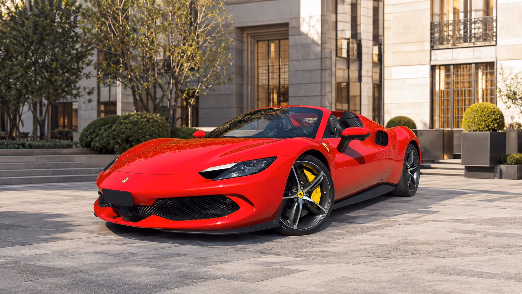 Front side view of a Ferrari luxury sport car in an elegant urban setting