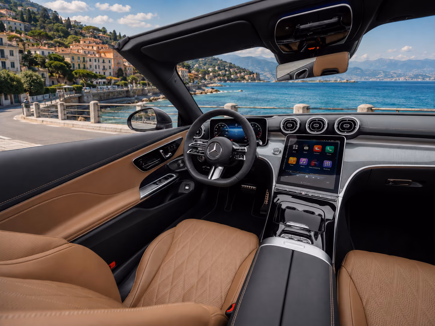 Cockpit interior of a Mercedes iconic convertible car with premium open-top comfort