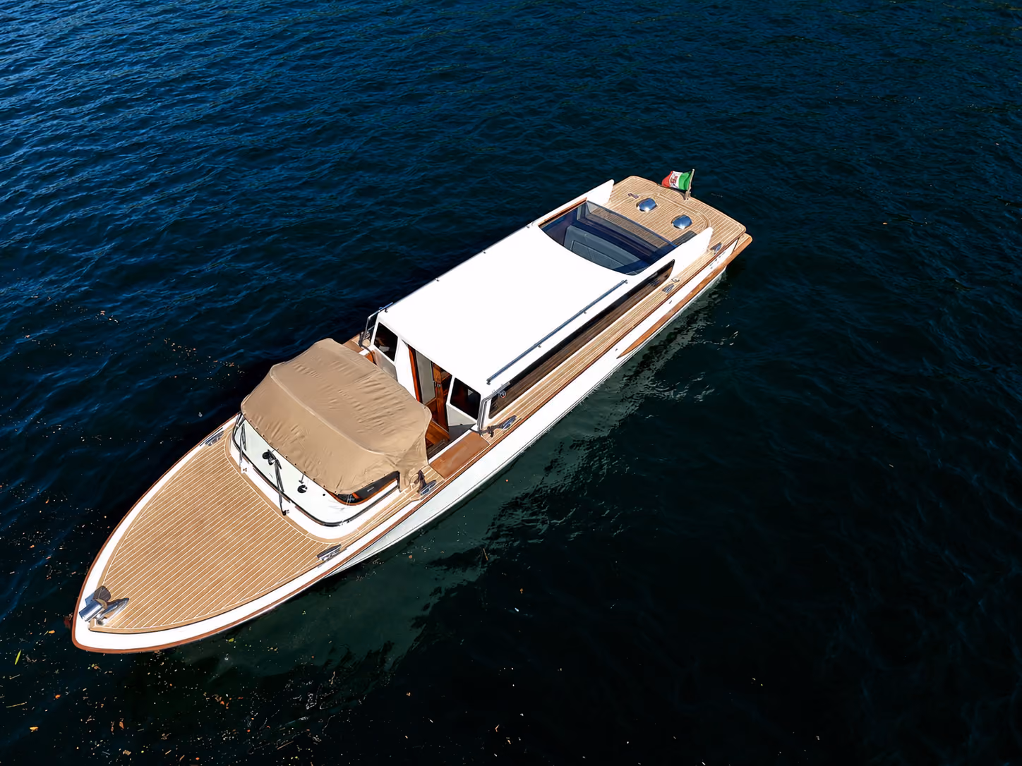 Luxury speedboat on Lake Como shown from above for private boating experiences