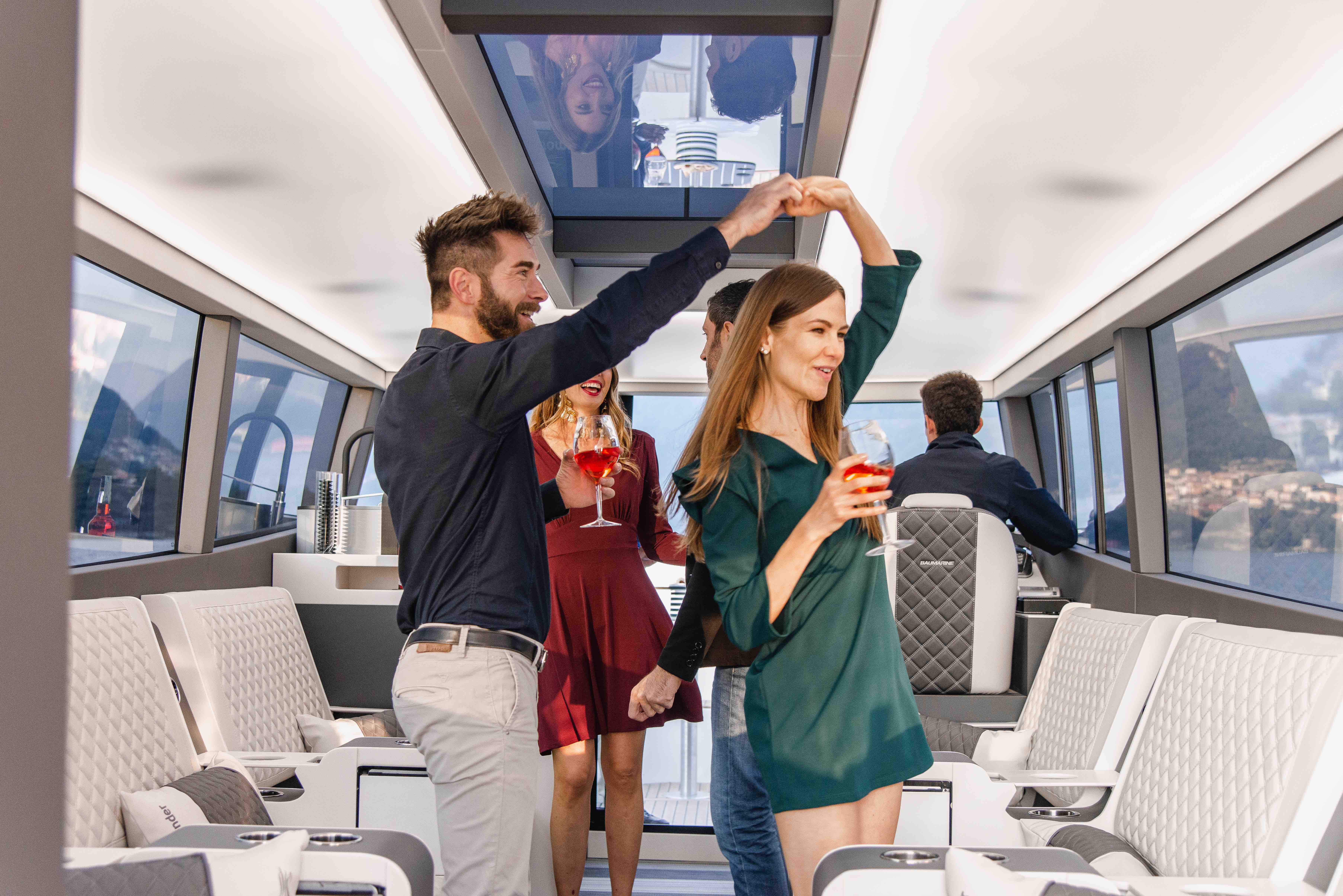 Celebration inside the Moveolux Limotender lounge during a private Lake Como experience