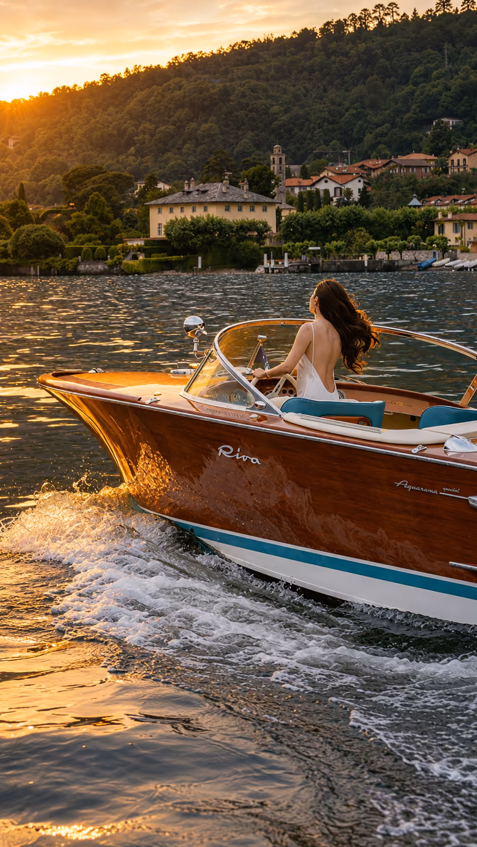 Riva boat during a sunset cruise on Lake Como for a romantic private experience