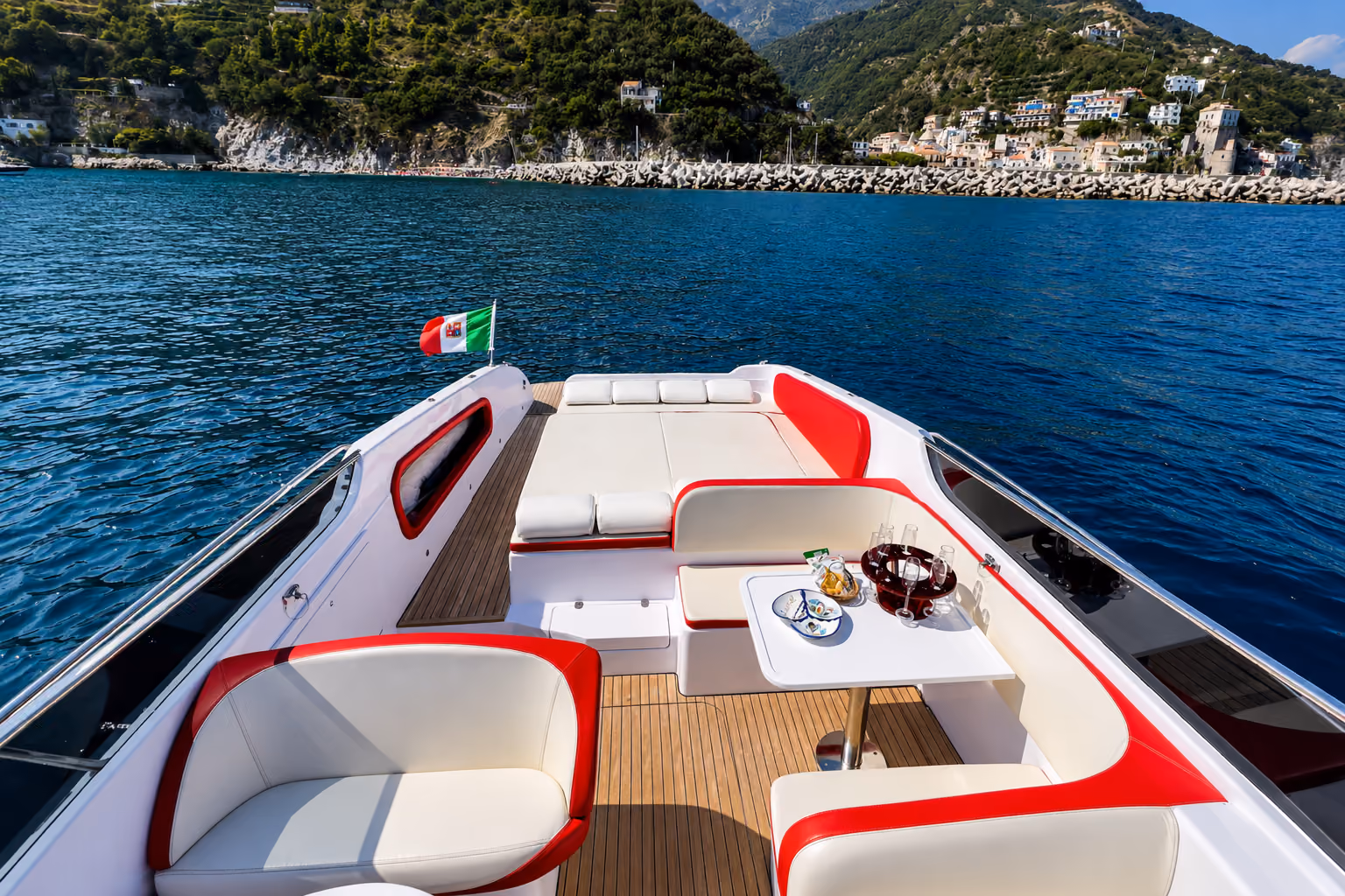 Amalfi taxi boat deck prepared for a private aperitif and premium coastal experience