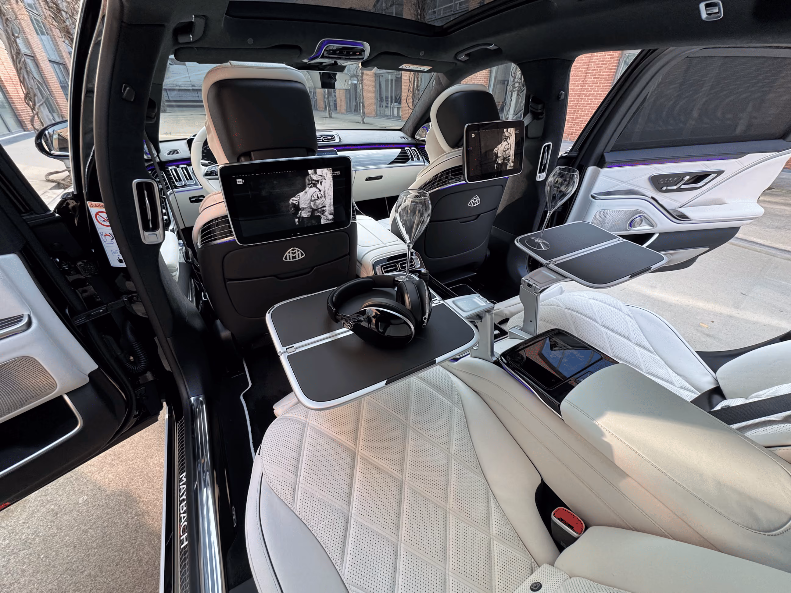 Premium cabin view of the Mercedes Maybach S-Class with executive rear seating and onboard amenities
