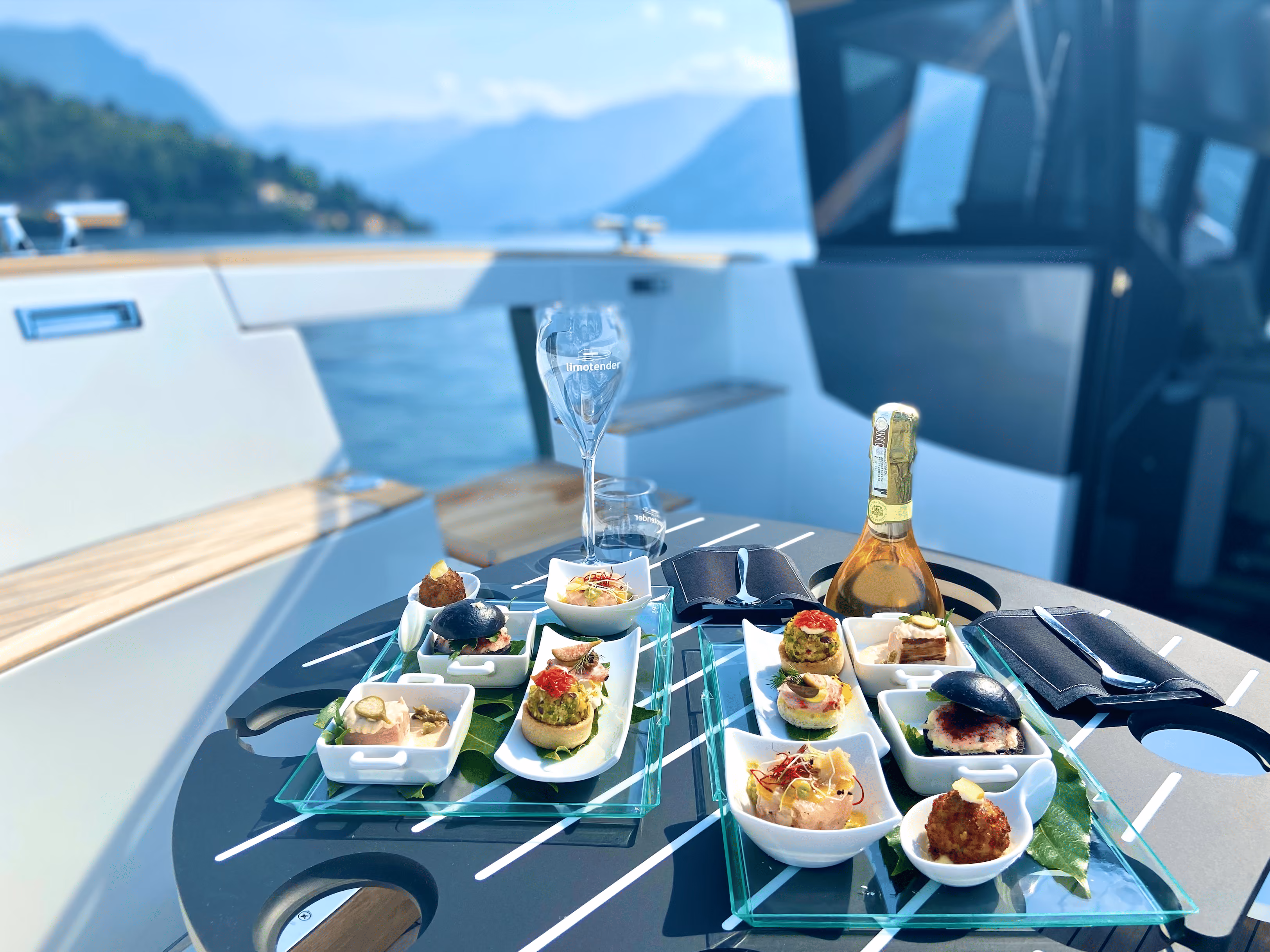 Premium aperitif detail on board the Moveolux Limotender for a luxury Lake Como boat experience