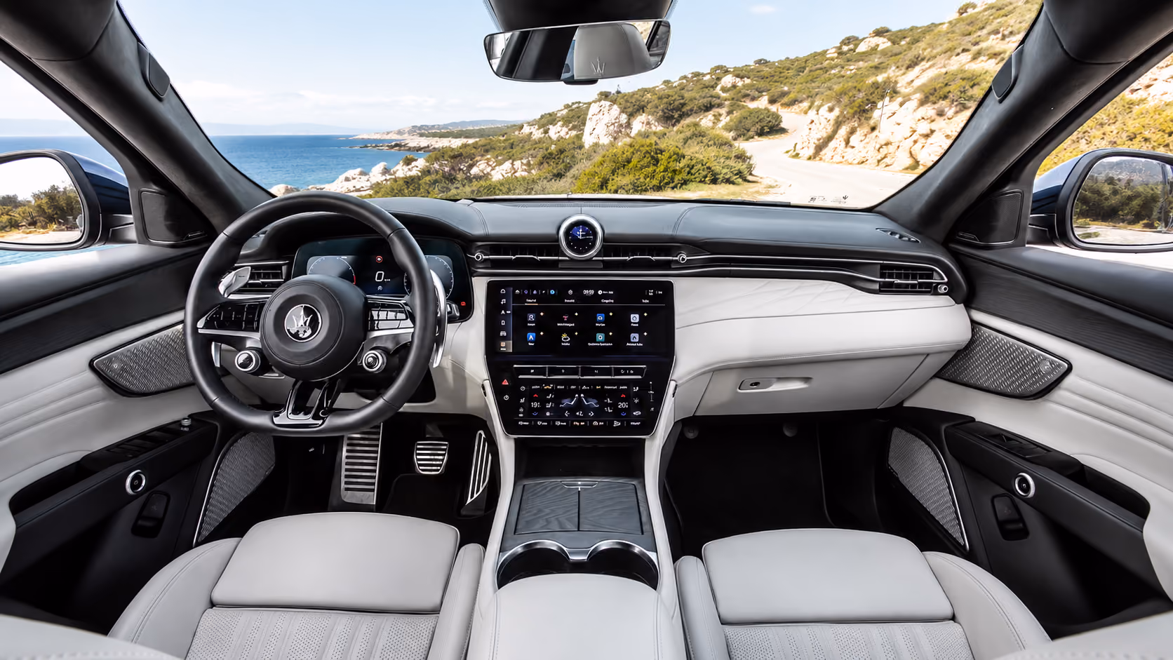 Cockpit and dashboard of a Maserati Performance SUV for a refined self-drive experience