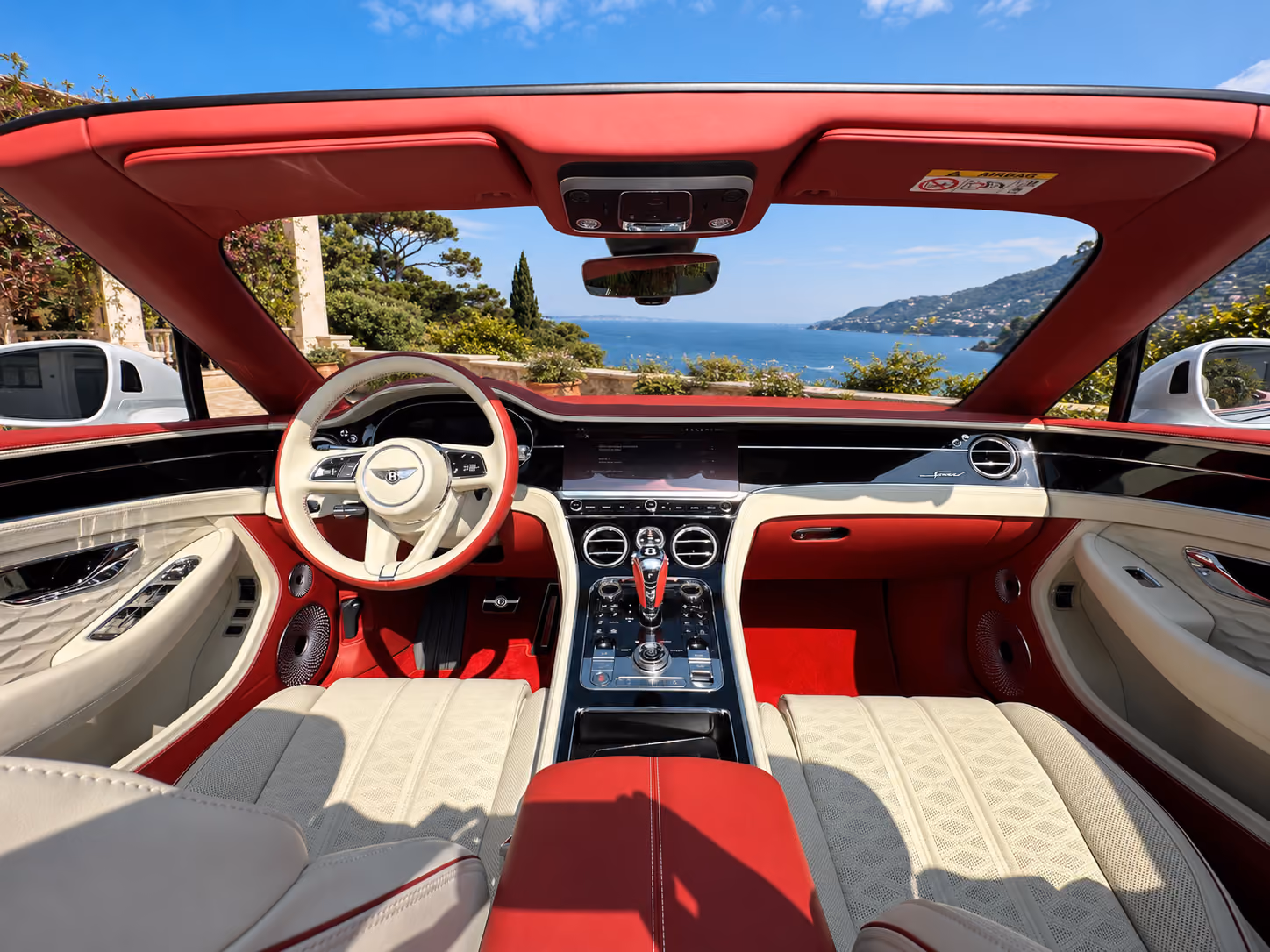 Cockpit and dashboard view of a Bentley iconic convertible car for an exclusive self-drive experience