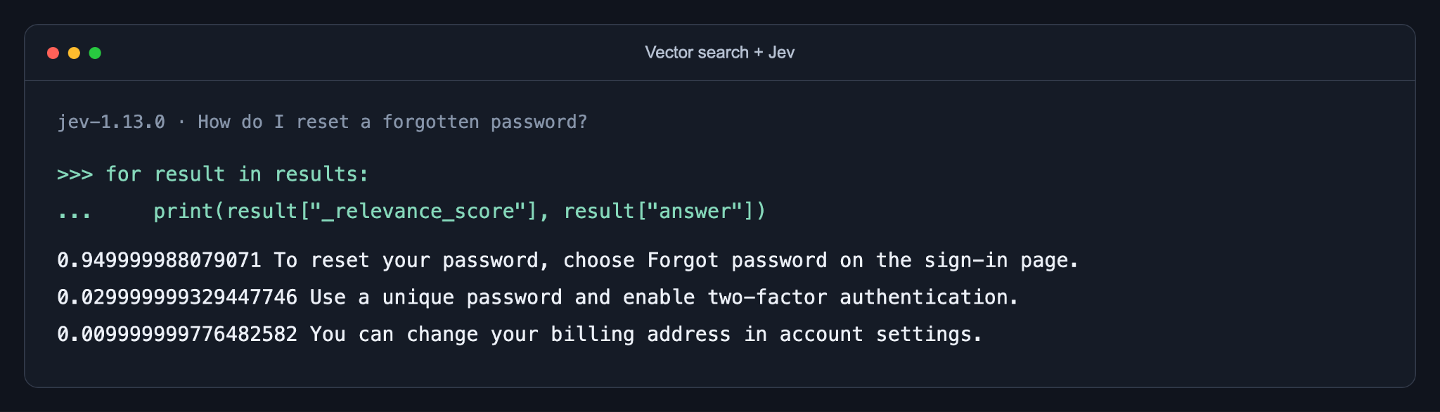 Vector search results reranked by Jev for a password reset query.