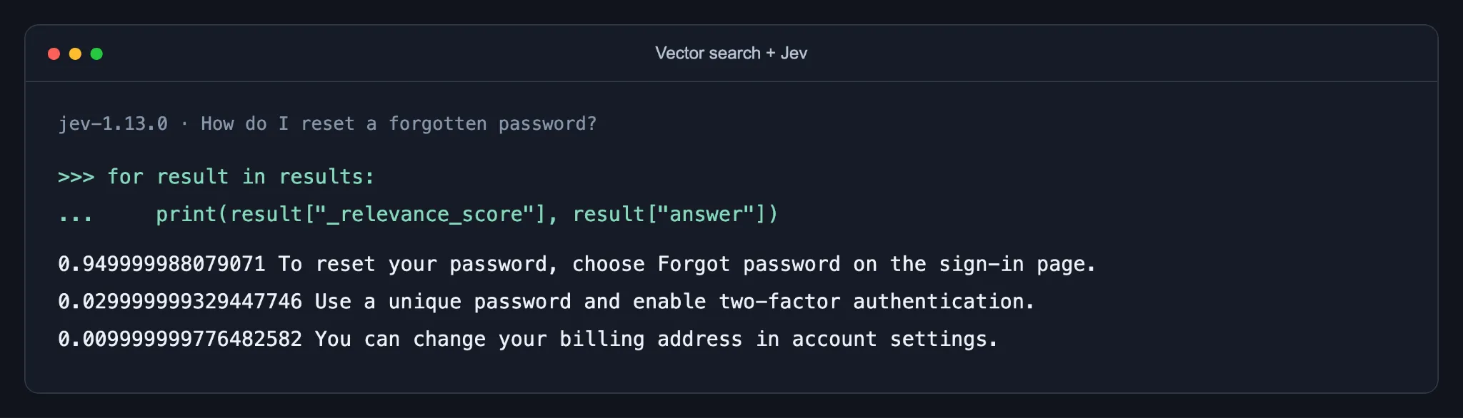 Vector search results reranked by Jev for a password reset query.