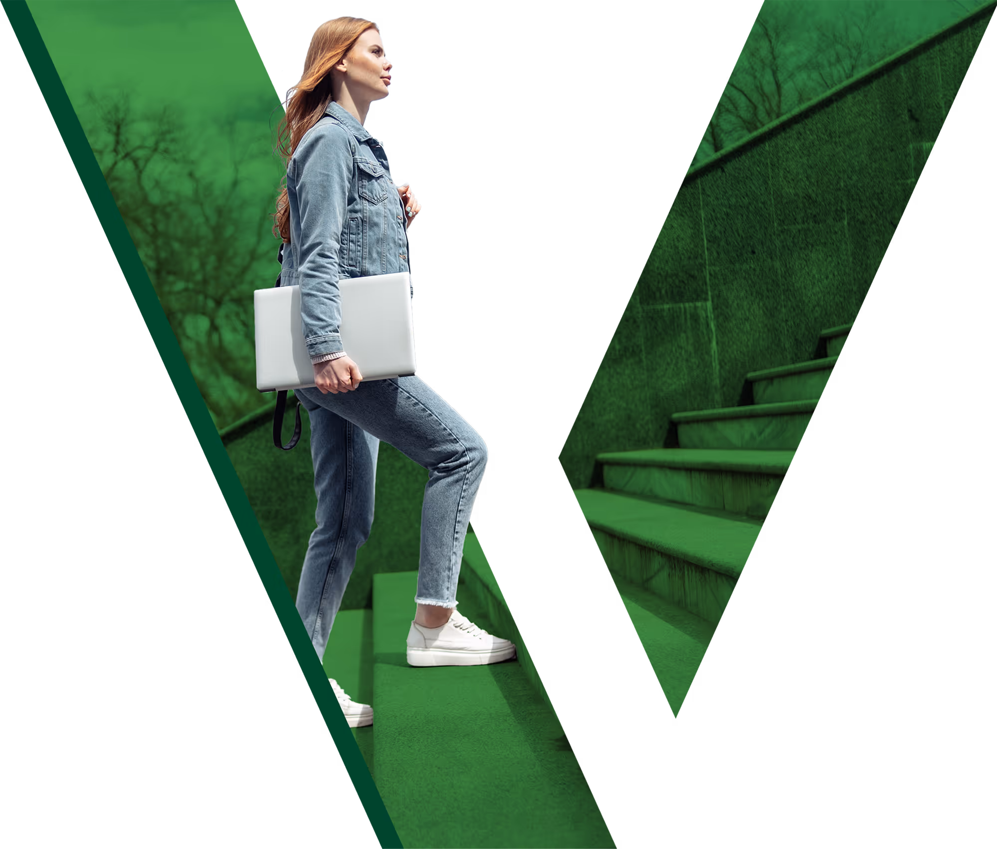 A woman wearing a jean jacket and jeans is holding a laptop and walking up concrete stairs. She is cut out of a green overlay V shape.