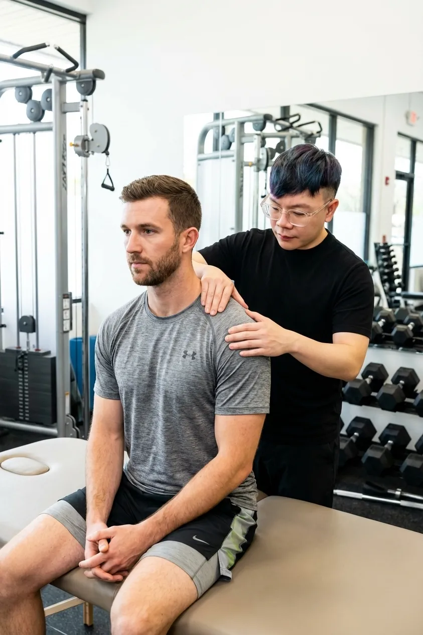 Physical therapist conducting manual assessment at a sports physical therapy clinic in Hudson