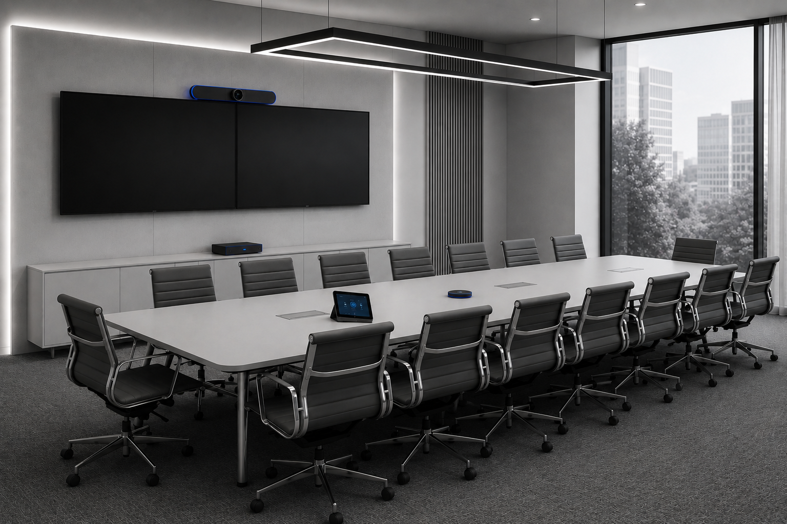 Large boardroom with wall-mounted display