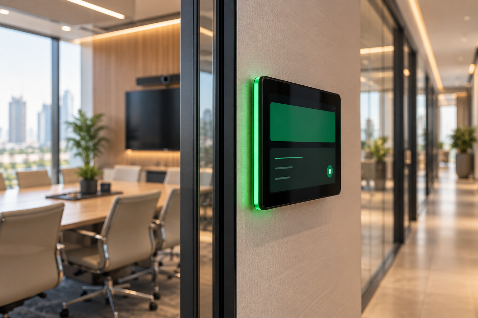Meeting room booking panel showing room availability outside a conference room