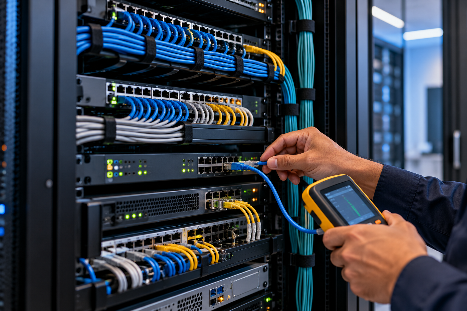 Network rack commissioning and cable testing by a system integrator