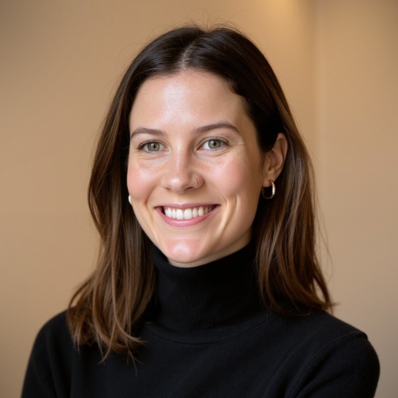 A person smiles warmly, wearing a black turtleneck and hoop earrings, set against a plain beige background.