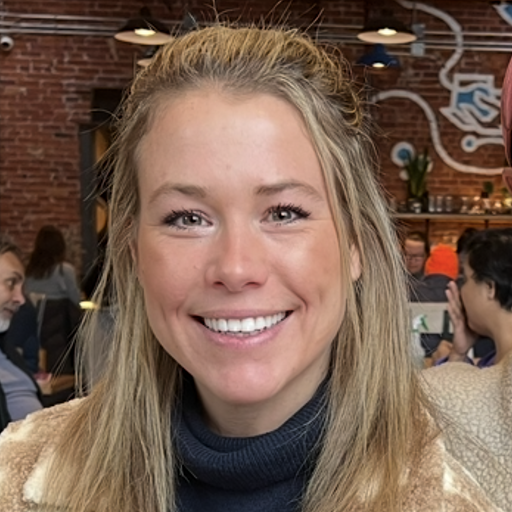 A person smiles at the camera in a casual indoor setting. The background features a brick wall with abstract art and people seated at tables, suggesting a cafe or restaurant environment.