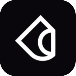 White geometric logo with a tilted diamond shape enclosing a circular arc on a black background.