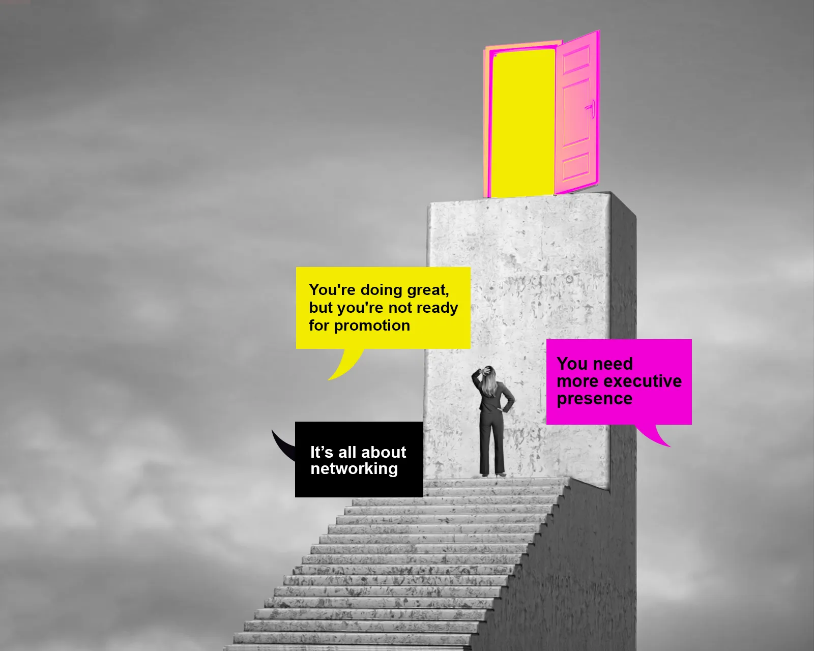 Woman at the top of a staircase, looking up at an open door that's out of reach. 