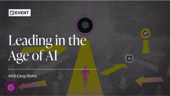 Graphic for an event titled 'Leading in the Age of AI' with a figure standing beneath a spotlight and various AI-related icons with arrows on a dark background.