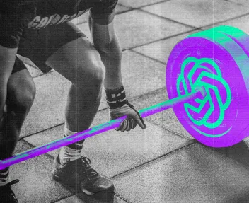 Person lifting a barbell on a tiled gym floor, with the barbell digitally altered to show a neon purple and teal OpenAI logo and colors.