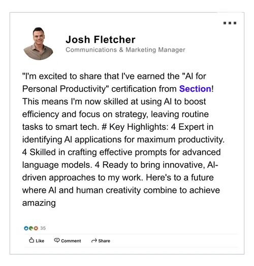 Social media post by Josh Fletcher, Communications & Marketing Manager, sharing his AI for Personal Productivity certification and skills in AI applications, prompts, and innovative approaches.