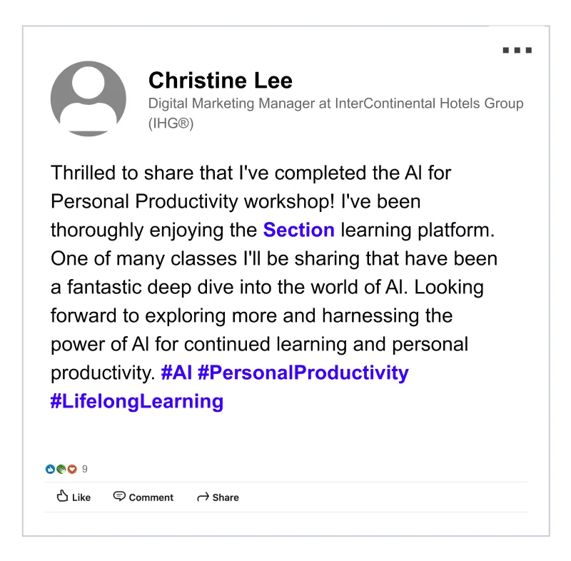 LinkedIn post by Christine Lee, Digital Marketing Manager at InterContinental Hotels Group, sharing completion of an AI for Personal Productivity workshop and expressing enthusiasm for the Section learning platform with hashtags #AI #PersonalProductivity #LifelongLearning.