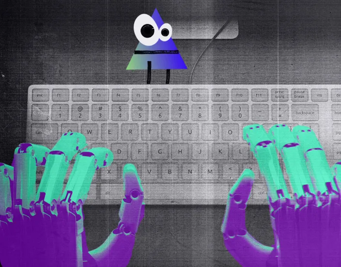 Robotic hands typing on a keyboard with a small colorful triangular character with eyes on the screen.