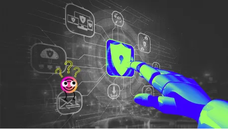 A robotic hand touching a digital shield icon with a location pin, surrounded by various security and privacy icons on a dark interface.