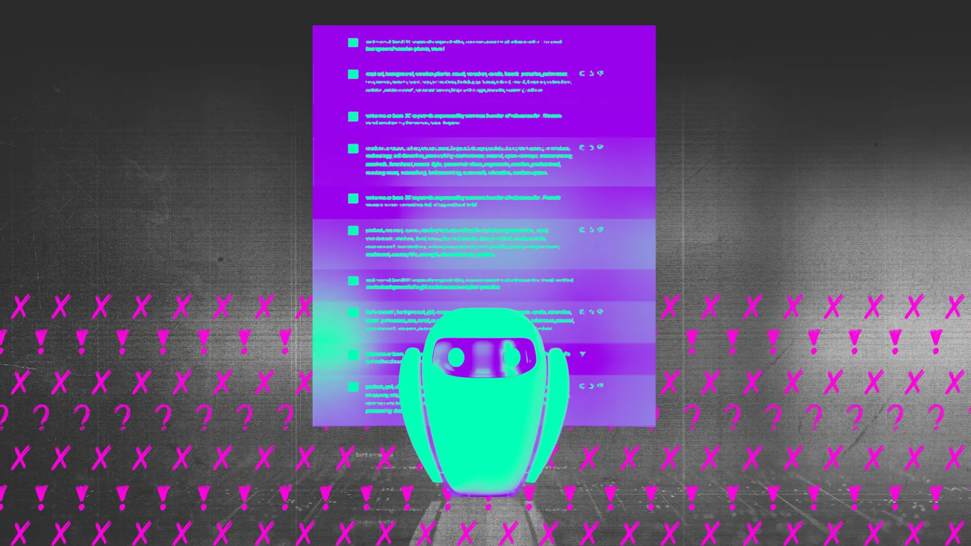 Glowing teal robot with a visor facing forward in front of a purple-tinted checklist on a dark textured background with rows of neon pink crosses, exclamation marks, and question marks.