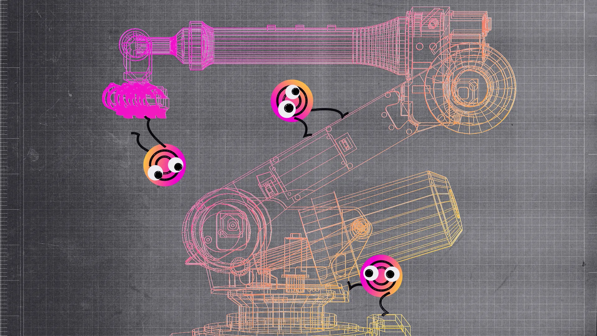 Wireframe blueprint of a robotic arm with three colorful smiley face icons placed on different parts of the arm against a grid background.