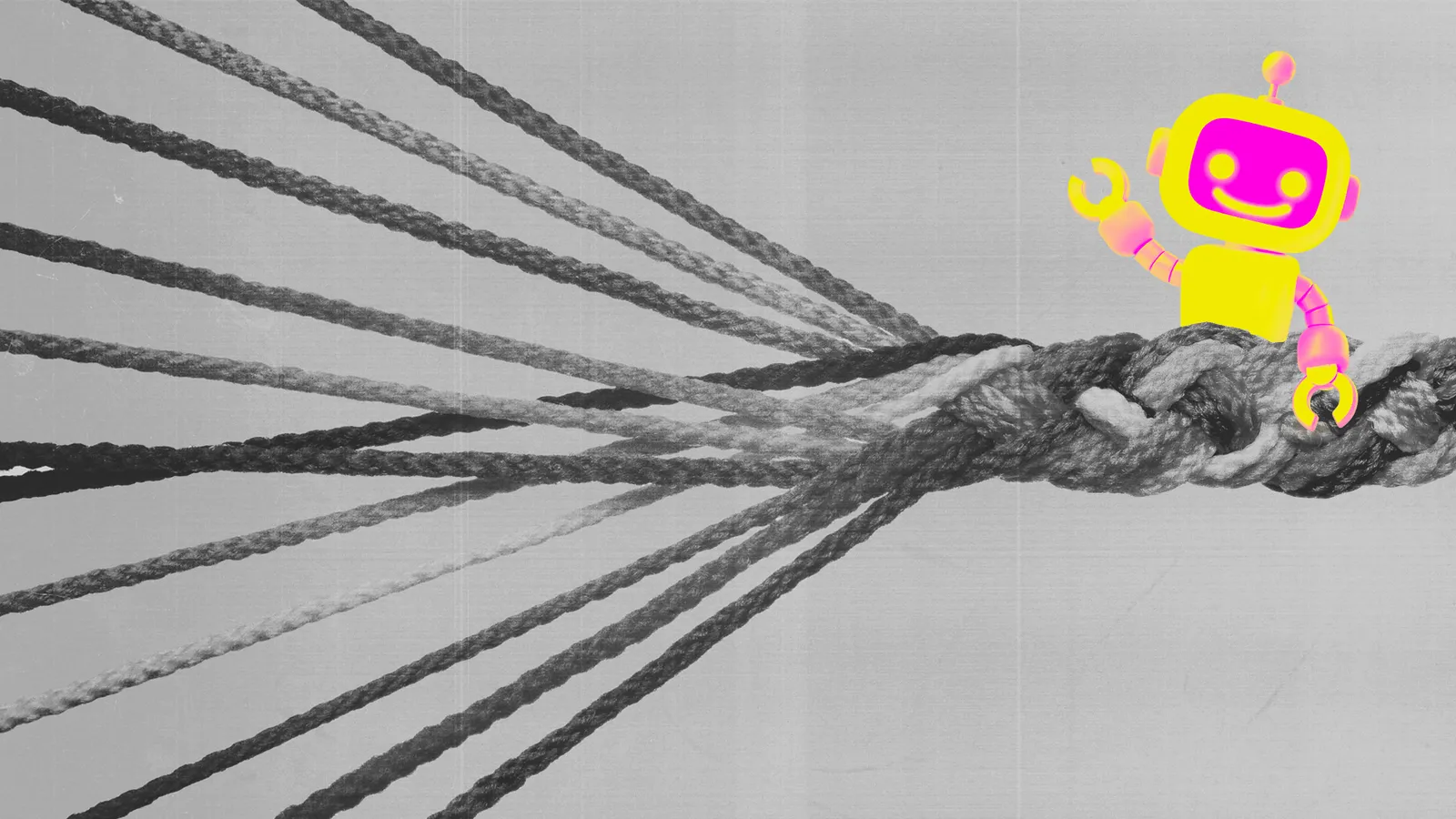 Multicolored cartoon robot waving atop a large black and white knot formed by multiple ropes converging.
