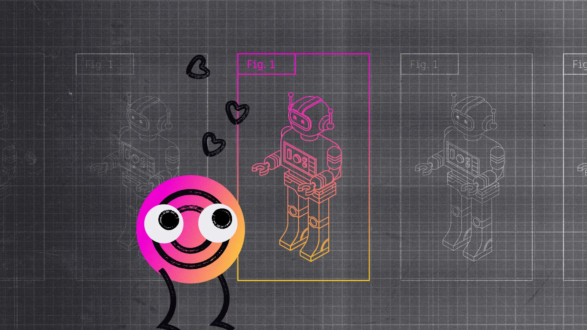 Colorful round character with big eyes looking affectionately at three outlined robot figures on a grid background, with pink hearts nearby.