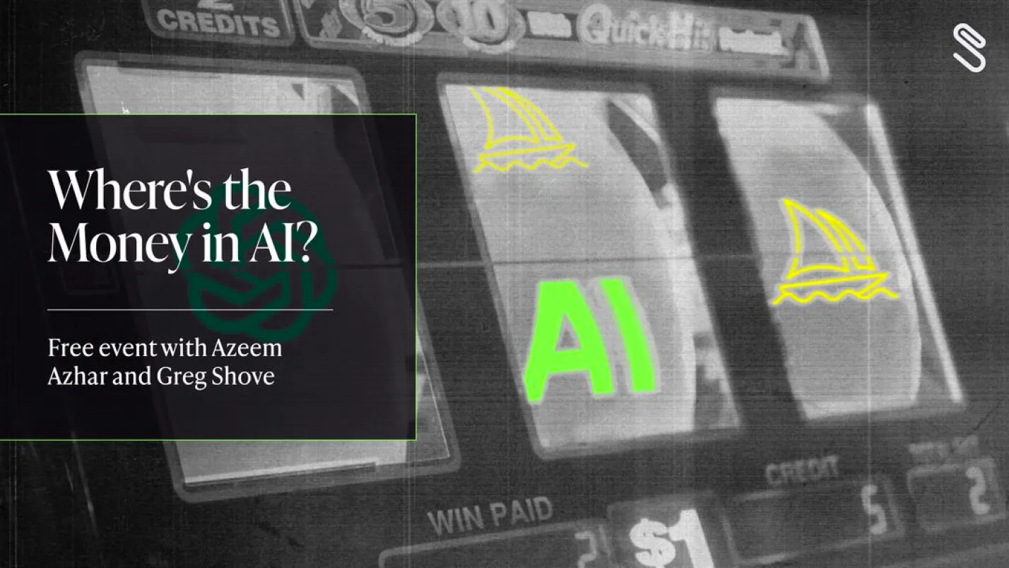 Slot machine screen with highlighted text 'AI' and yellow sailboat icons, overlayed with a black box reading 'Where's the Money in AI? Free event with Azeem Azhar and Greg Shove.'