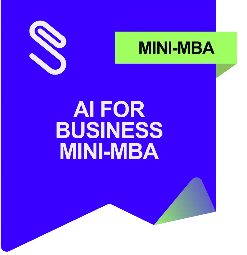 Blue ribbon-shaped graphic with a white stylized paperclip icon and text reading 'AI FOR BUSINESS MINI-MBA' and a green banner labeled 'MINI-MBA'.