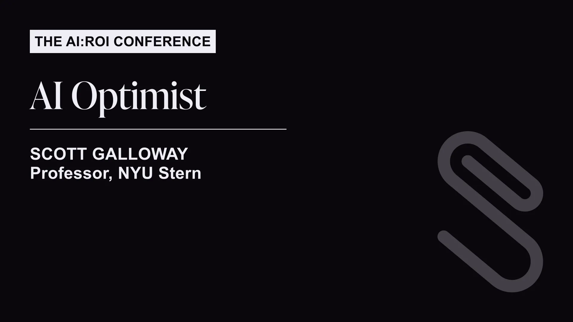 Conference slide titled 'AI Optimist' featuring Scott Galloway, Professor at NYU Stern, with a paperclip graphic on a dark background.