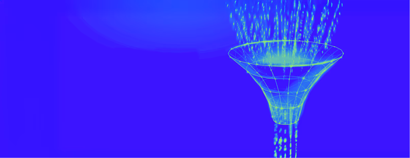 Glowing digital funnel with particles flowing into and out of its narrow end on a blue background.