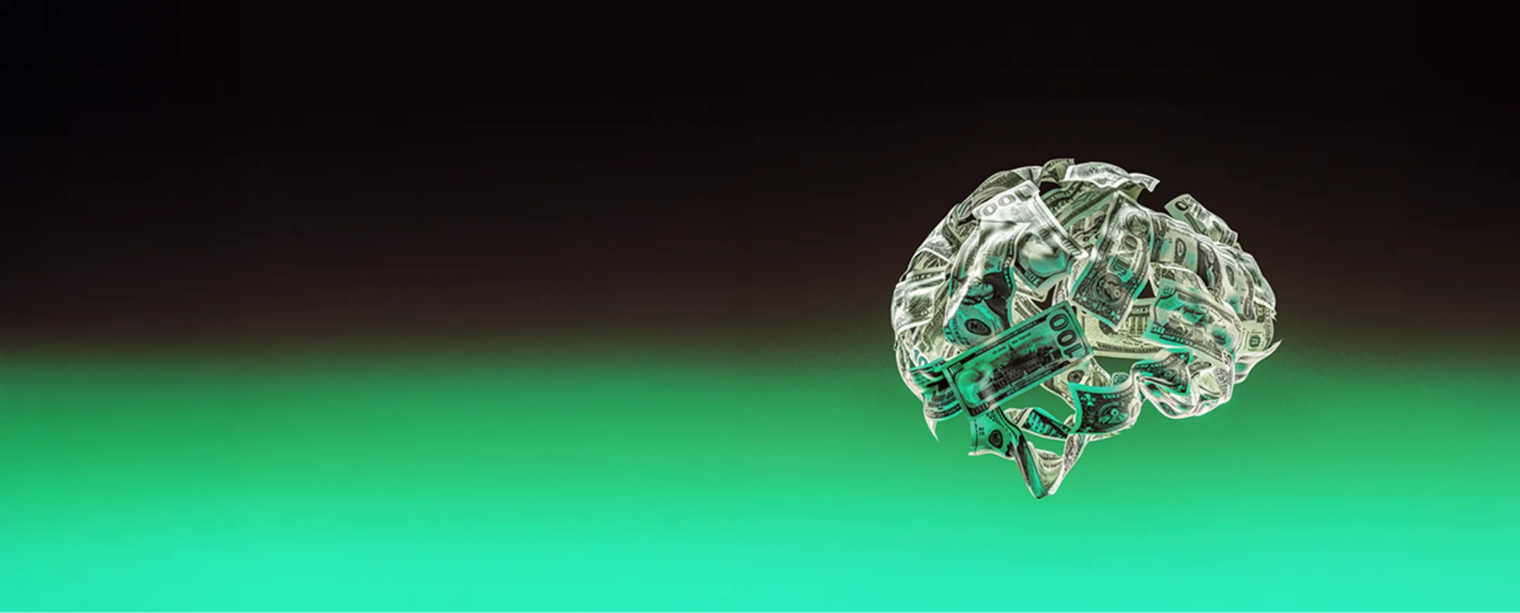Abstract brain shape made of crumpled U.S. dollar bills floating over a gradient background fading from green to black.