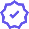 Purple badge icon with a check mark in the center.
