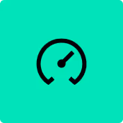 Black speedometer gauge icon with needle pointing right on teal background.