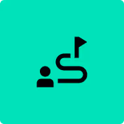 Icon of a person with a winding path leading to a flag on a green background.