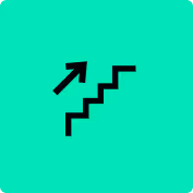 Black upward arrow with stair-step lines on a bright teal background.