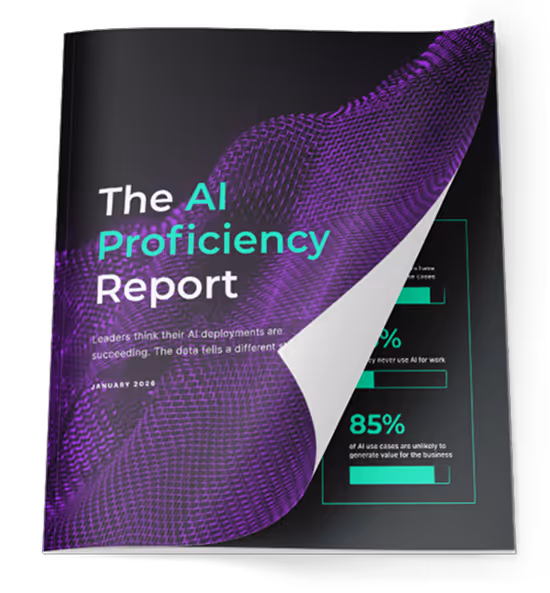 Cover of The AI Proficiency Report with purple digital wave design and partially turned page revealing AI use statistics.