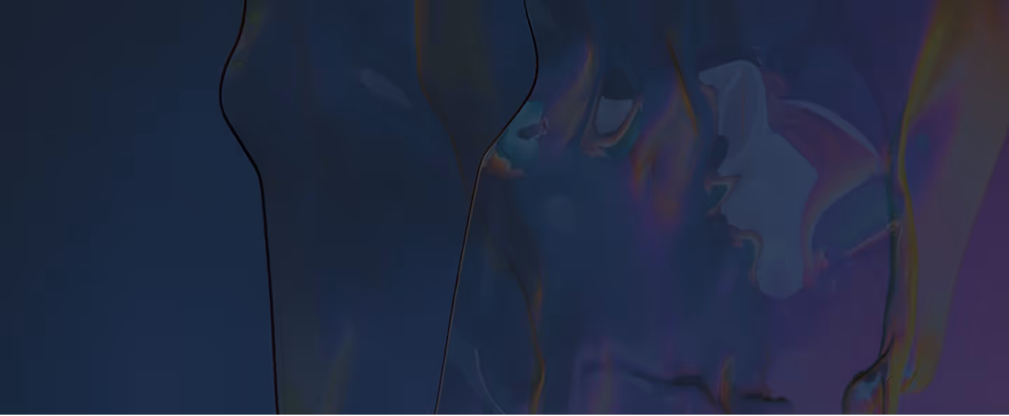 Abstract digital artwork with flowing, translucent, and iridescent blue and purple shapes.