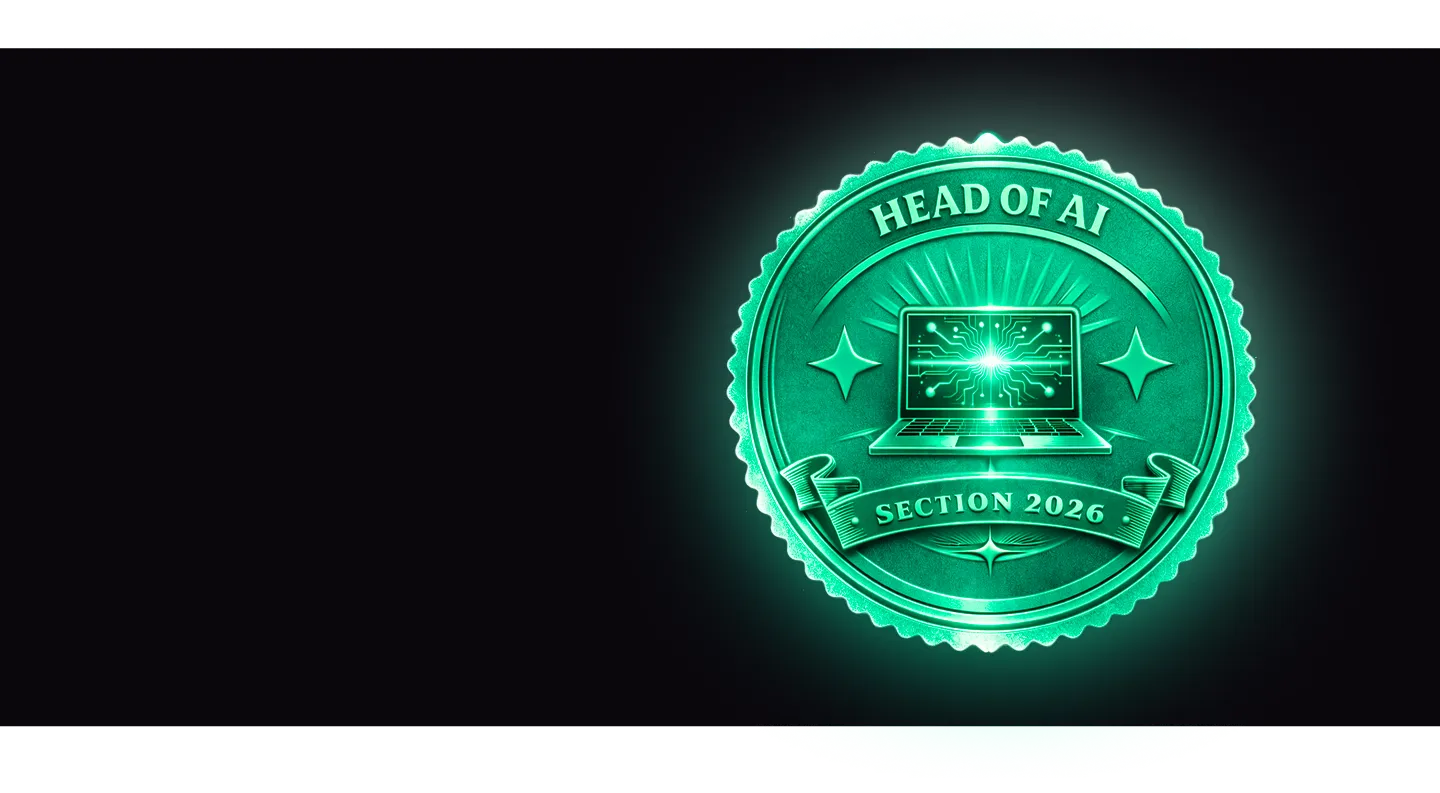 Glowing green badge with a laptop icon and the text 'HEAD OF AI' and 'SECTION 2026' on a dark background.