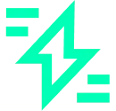Turquoise lightning bolt with horizontal lines on a black background representing disruption or energy.