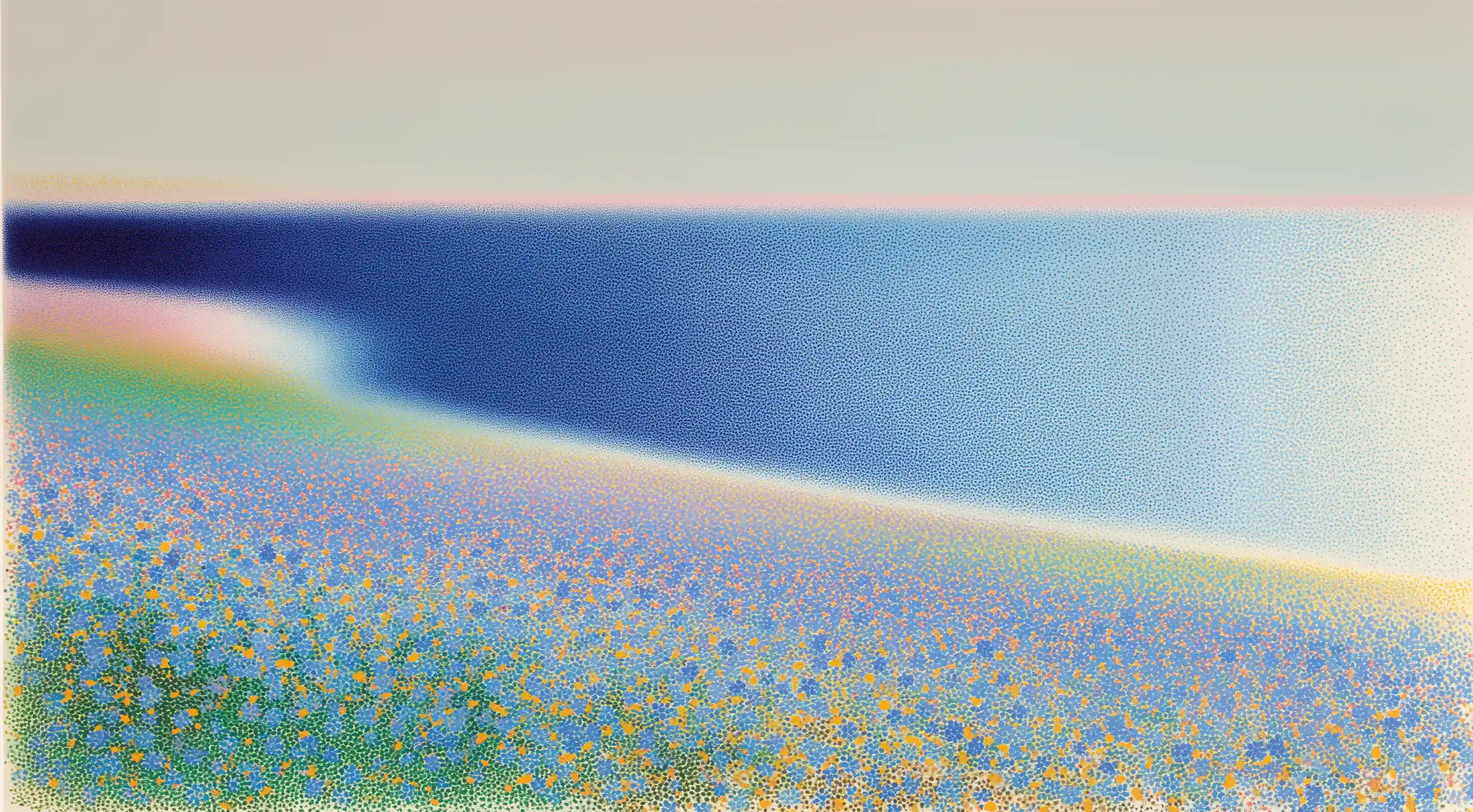 Pointillist-style abstract landscape with a blue body of water above a colorful field of flowers.