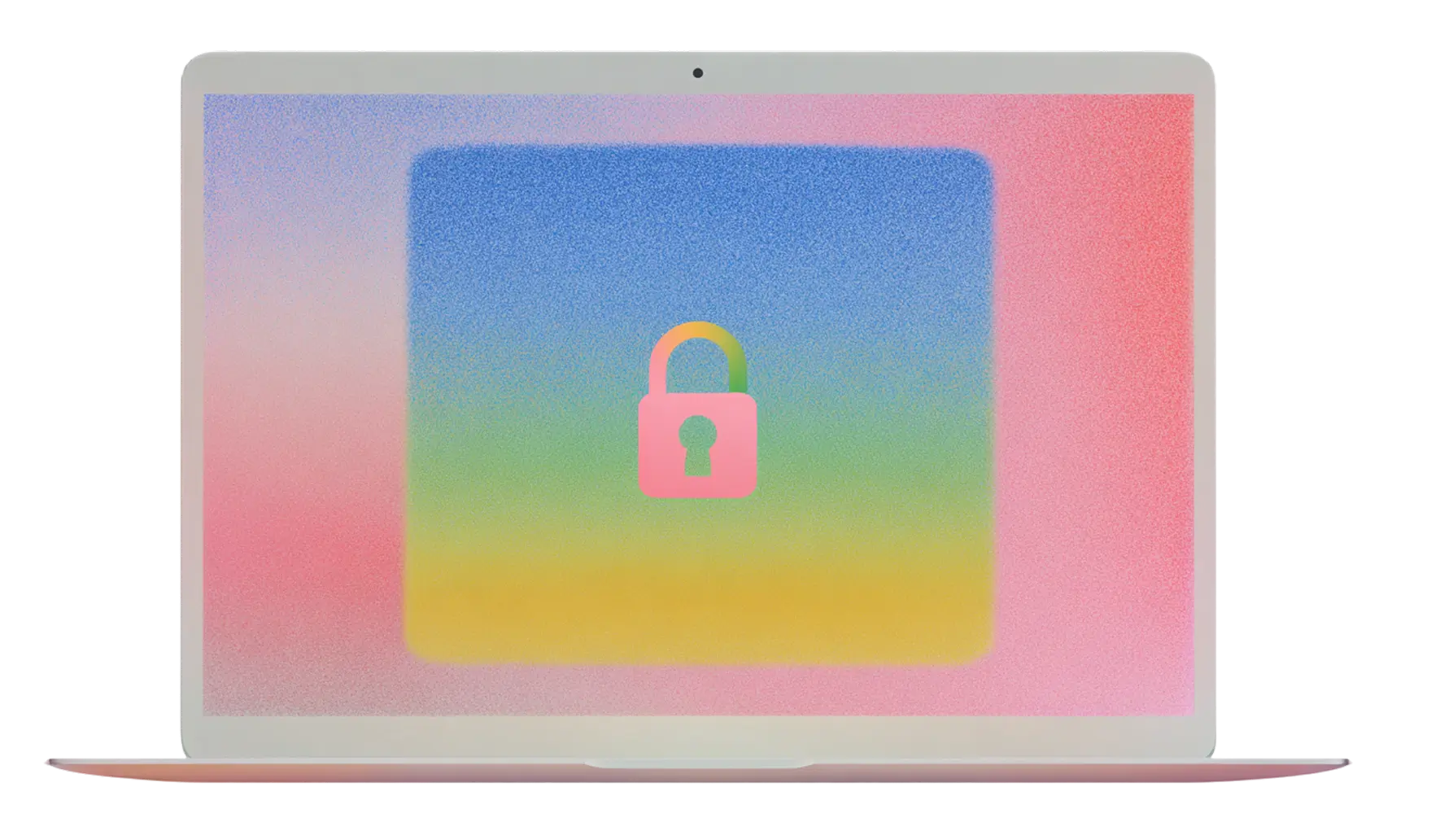 Laptop screen displaying a colorful gradient background with a pink padlock icon in the center symbolizing security.
