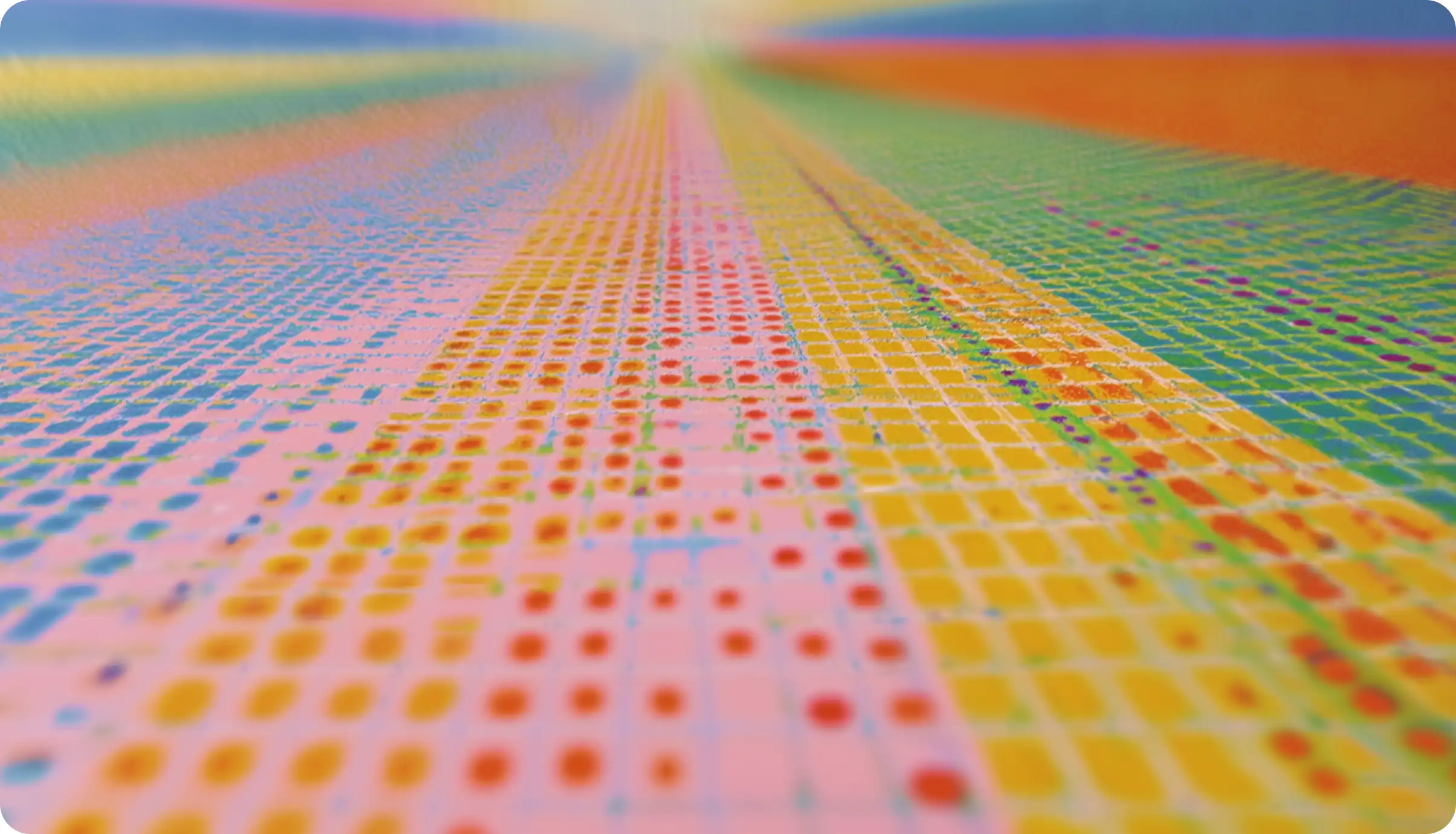 Abstract colorful pattern composed of small squares and dots arranged in horizontal bands stretching into the distance.