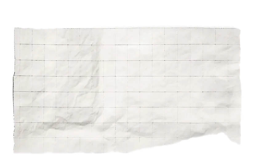 White fabric cloth with a grid pattern of evenly spaced thin black lines forming small squares.