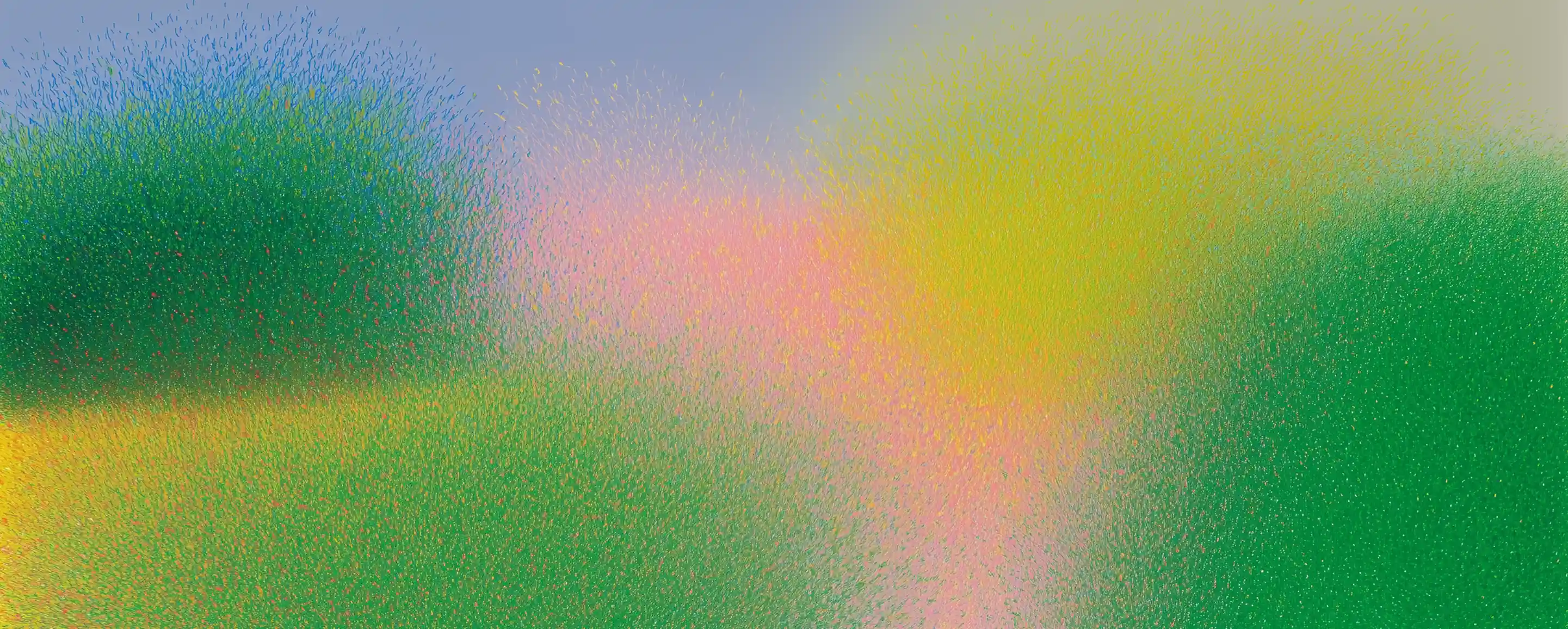 Abstract digital art with dense clusters of fine colored particles in green, yellow, pink, and blue hues blending across the image.